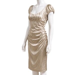 SUZI CHIN FOR MAGGY BOUTIQUE Champagne Ruched Satin Midi Dress | Women's Sz 8